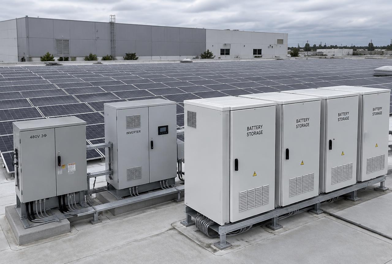 Commercial rooftop with solar array and electrical equipment